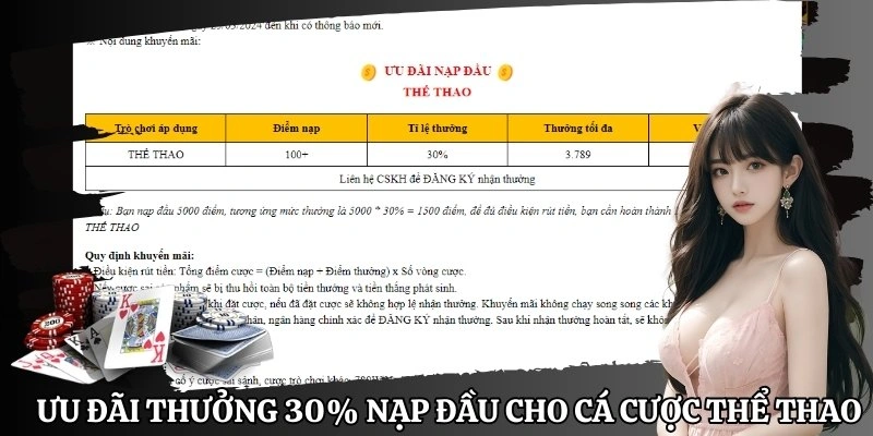 Ưu đãi thưởng 30% nạp đầu cho cá cược tại sảnh thể thao